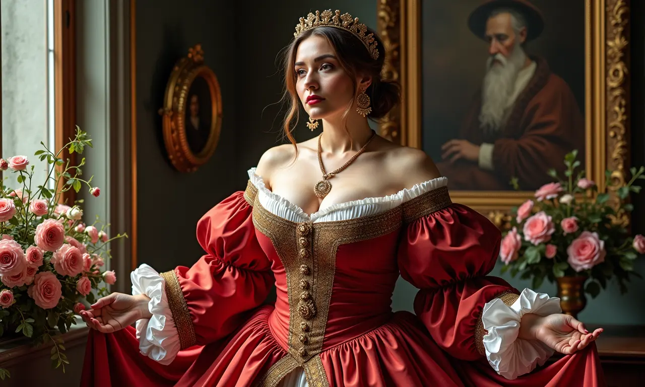 Mulher renascentista exuberante, celebrando a beleza do corpo e a opulência.