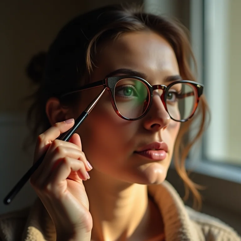 Mulher ruiva de óculos definindo as sobrancelhas com maquiagem