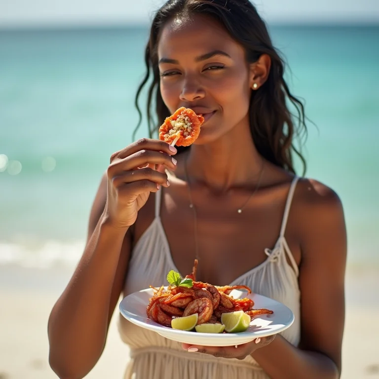 Mulher saboreando frutos do mar frescos na Praia da Cueira