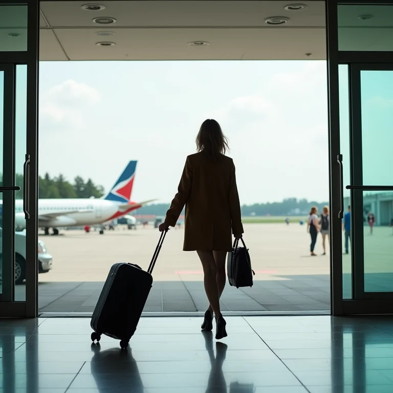 Mulher saindo do aeroporto de Tallinn com mala