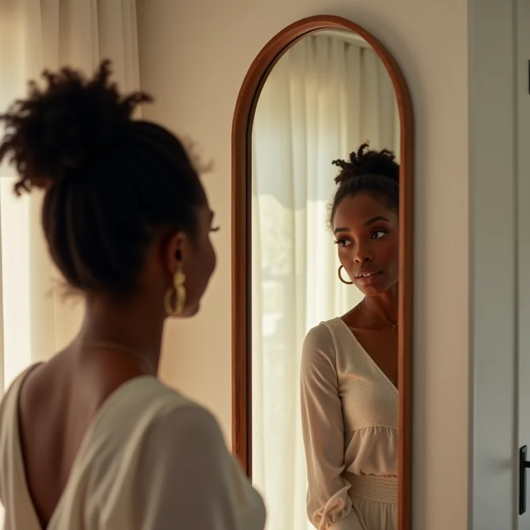 Mulher se admirando em espelho estiloso na entrada de casa.