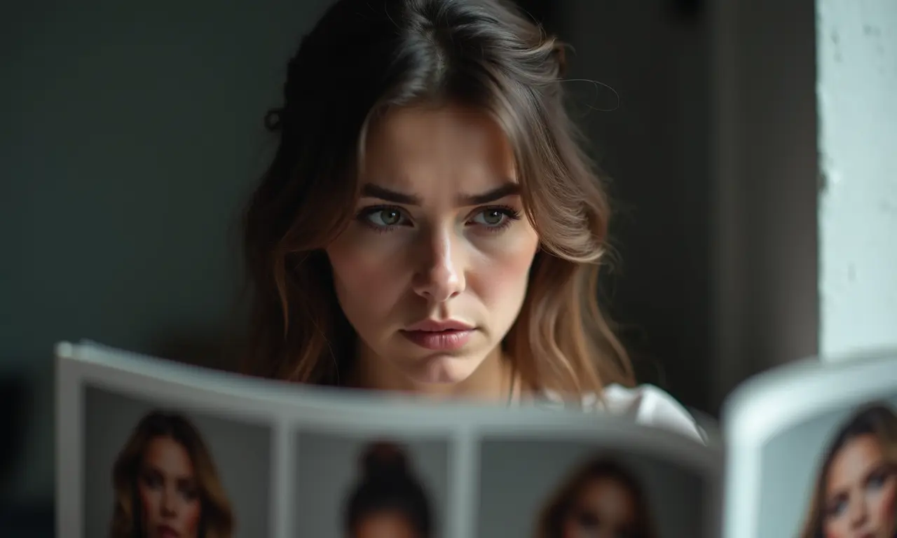 Mulher se comparando com outras pessoas, sentindo-se insegura com sua aparência.