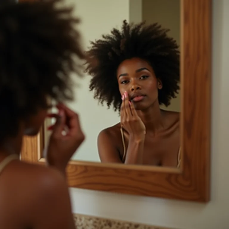 Mulher se maquiando em frente ao espelho com moldura de madeira