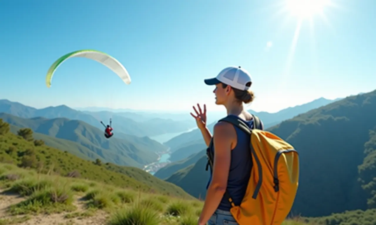 Mulher se preparando para voar de parapente na rampa de voo livre em São Pedro.