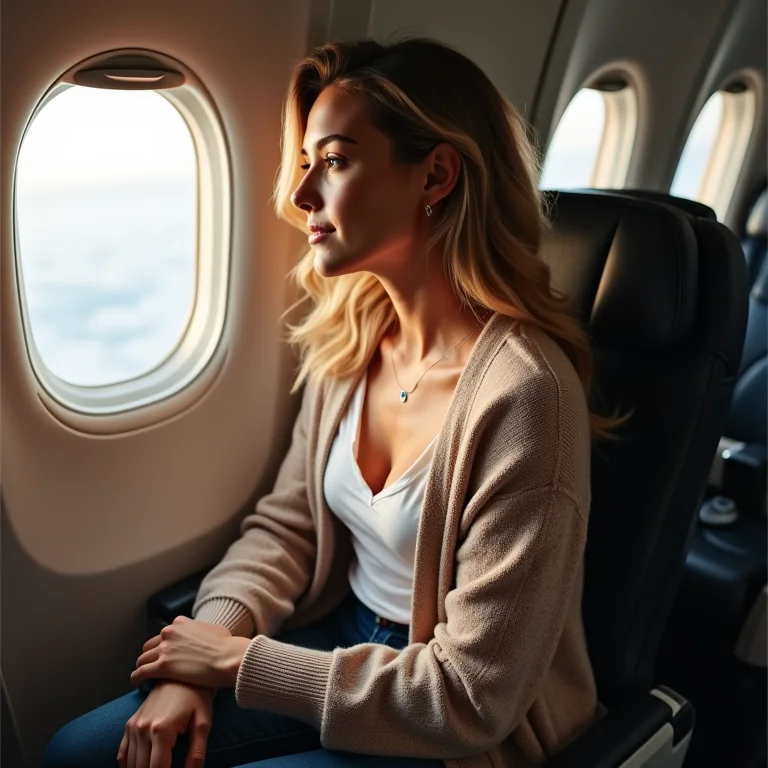 Mulher se protegendo do frio no avião com cardigã.