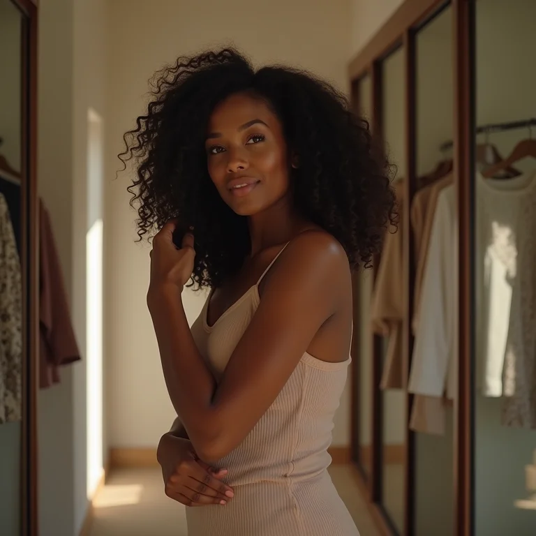 Mulher se vestindo em closet com paredes de vidro transparente.