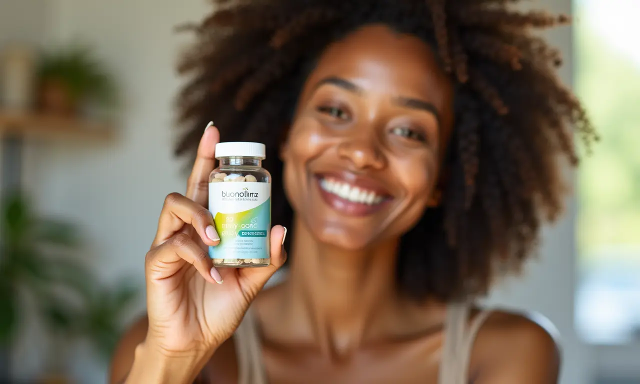 Mulher segurando suplemento probiótico oral para saúde da pele.