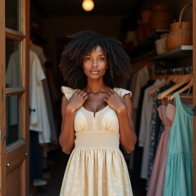 Mulher segurando um vestido vintage em frente a uma loja.