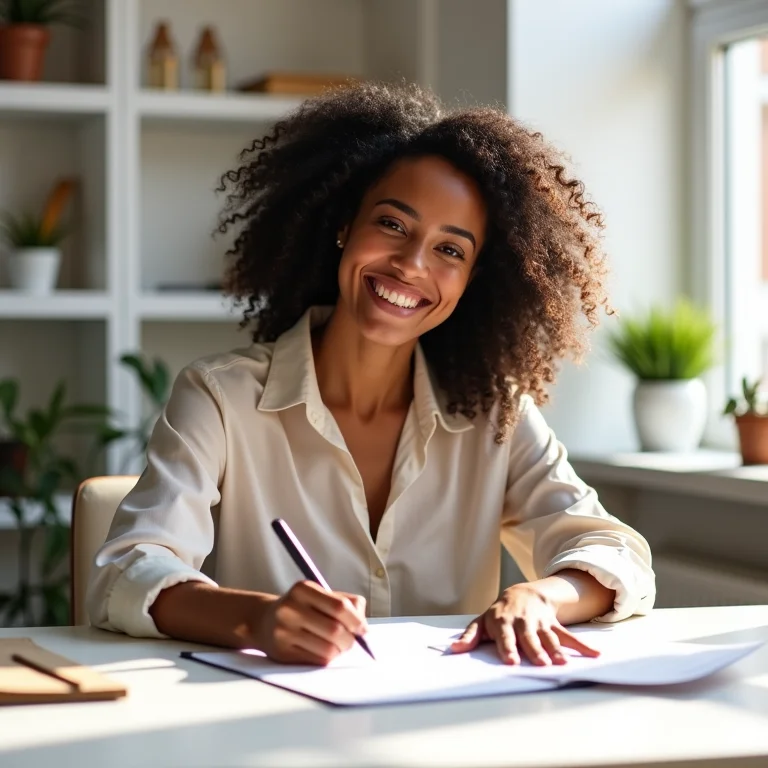 Mulher sorrindo ao assinar contrato de parceria.