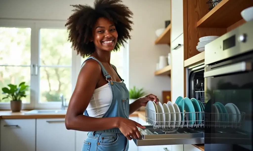 Mulher sorrindo ao retirar louça limpa de lava-louças em cozinha planejada.