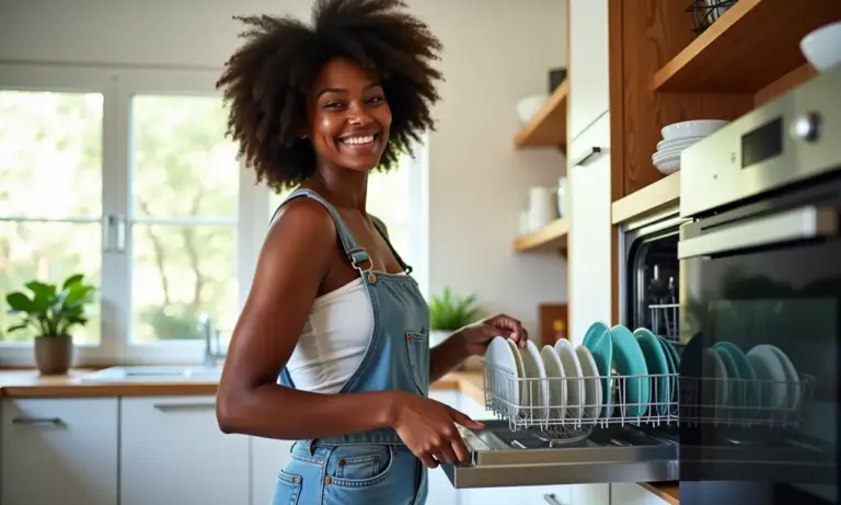 Mulher sorrindo ao retirar louça limpa de lava-louças em cozinha planejada.