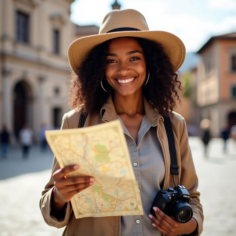 Mulher sorrindo com chapéu de sol, mapa e câmera em praça histórica de cidade mineira.