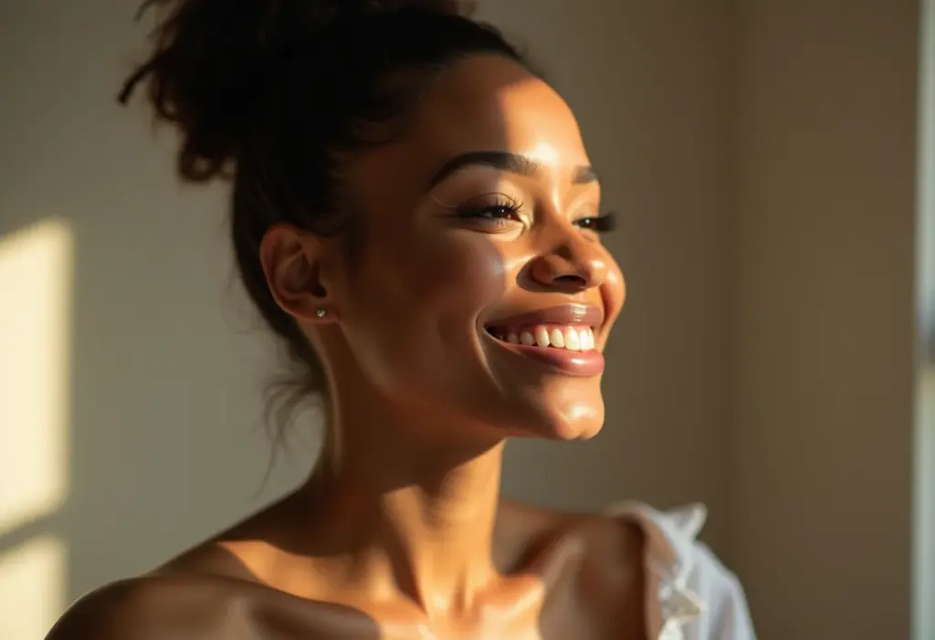 Mulher sorrindo com maquiagem iluminada