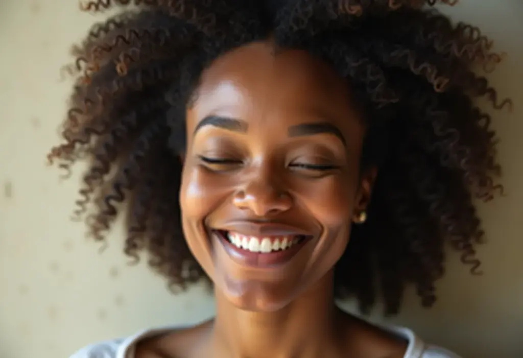 Mulher sorrindo com rugas finas na testa sob luz natural