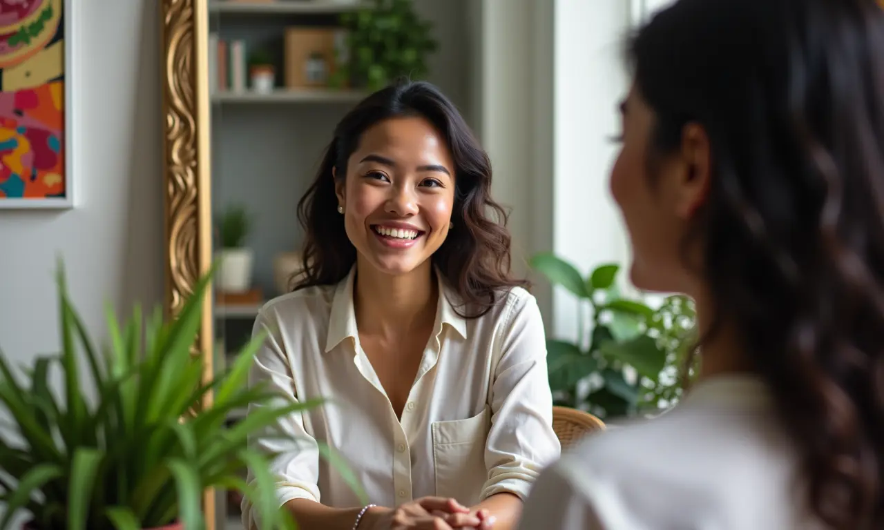 Mulher sorrindo confiante para seu reflexo, cercada por plantas e decoração colorida.