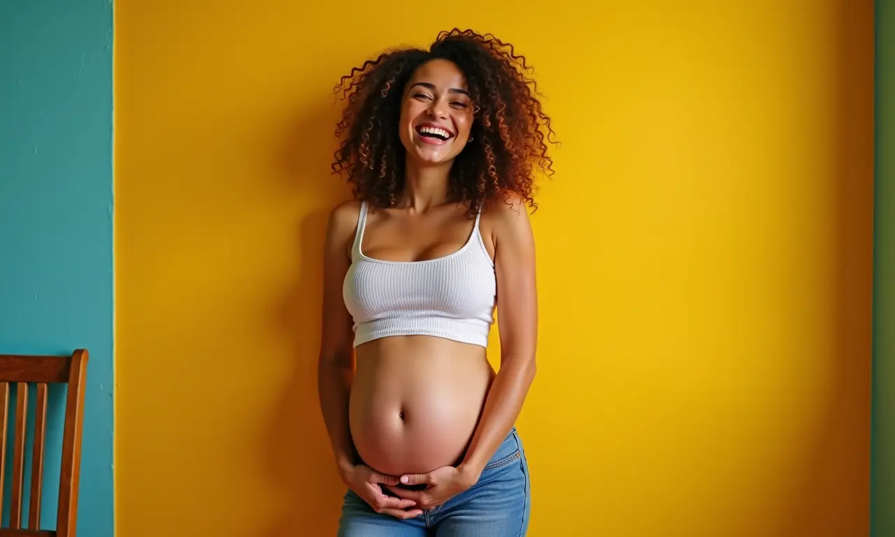 Mulher sorrindo e abraçando seu corpo, celebrando a autoaceitação e o empoderamento.