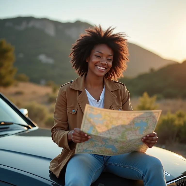Mulher sorrindo e apontando para um mapa