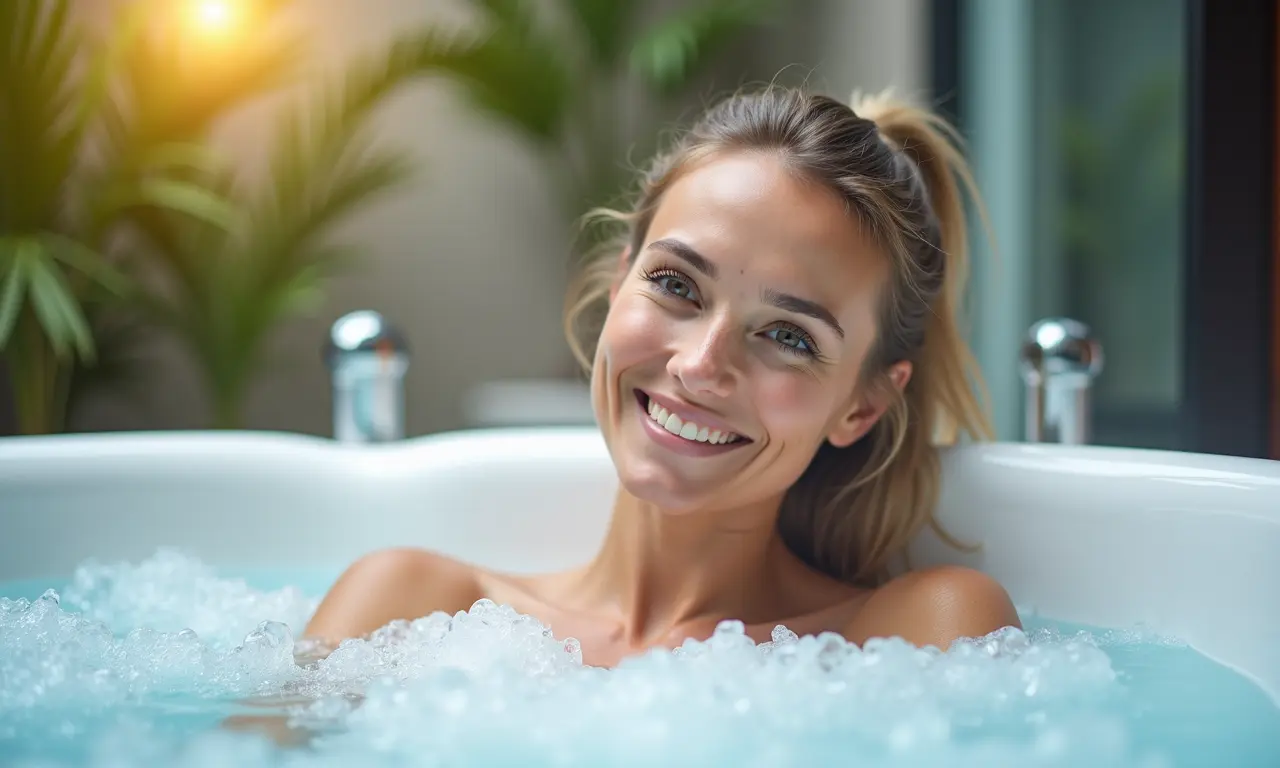 Mulher sorrindo e relaxando em hidromassagem, promovendo o bem-estar mental e emocional.