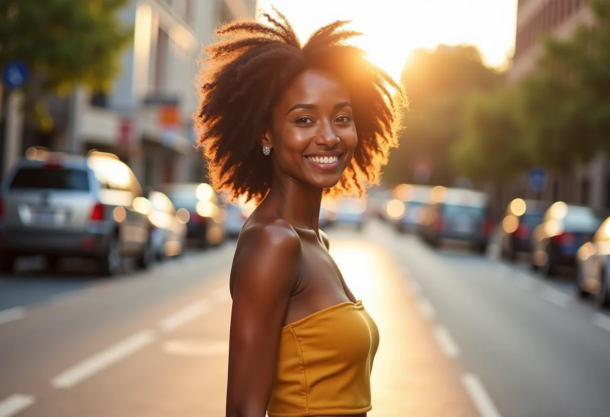 Mulher sorrindo e usando tamancos plataforma em um dia ensolarado