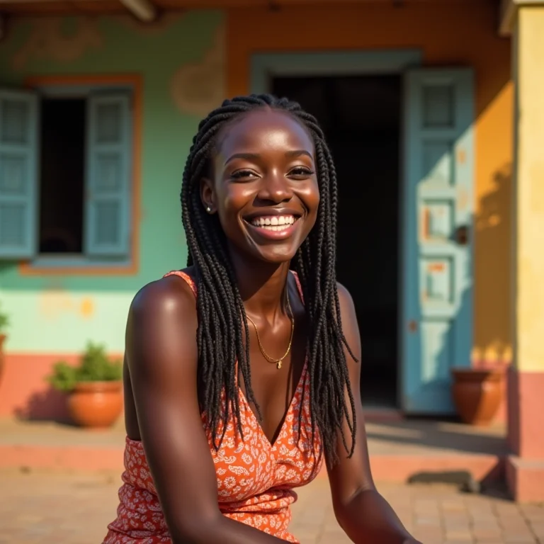 Mulher sorrindo em frente a casa colorida em Caraíva
