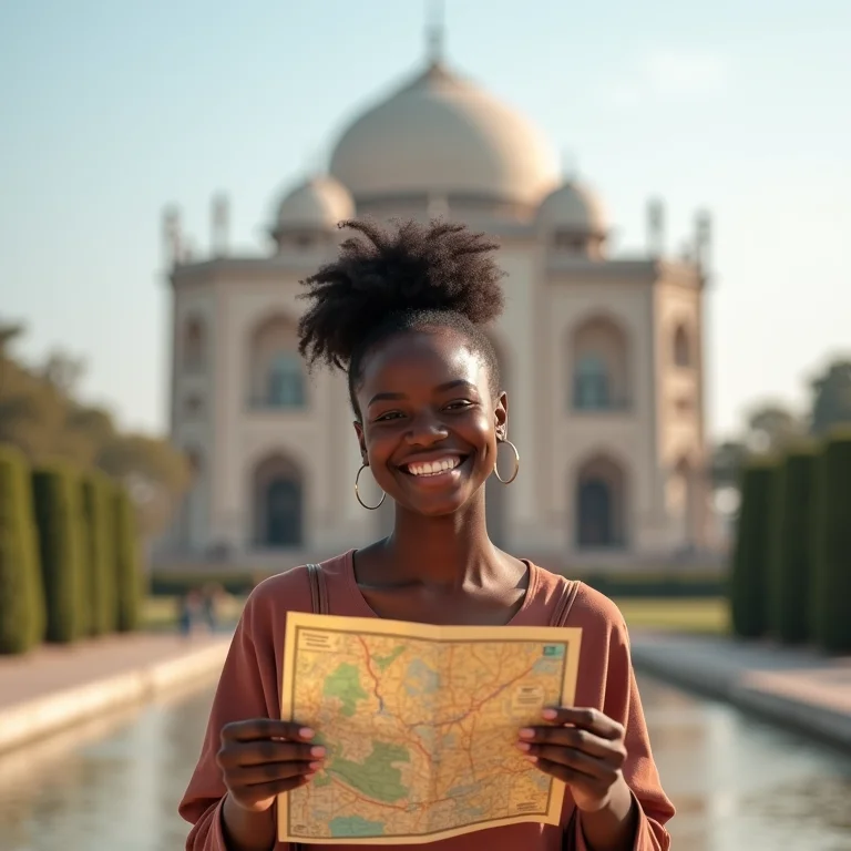 Mulher sorrindo em frente a um ponto turístico famoso.
