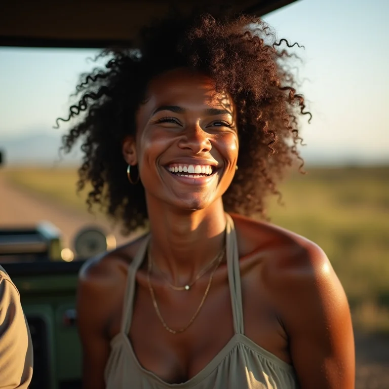 Mulher sorrindo em jipe na Transpantaneira