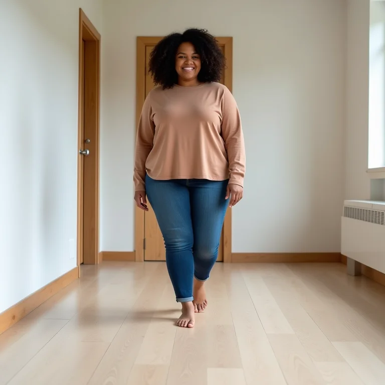 Mulher sorrindo em piso vinílico colado