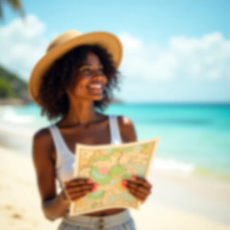 Mulher sorrindo em praia tropical, planejando sua viagem.