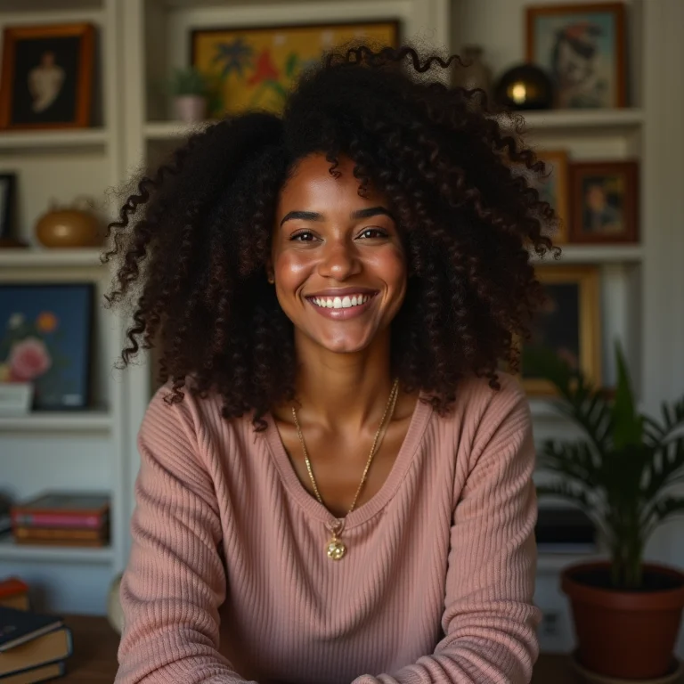 Mulher sorrindo em sala de estar decorada com objetos pessoais