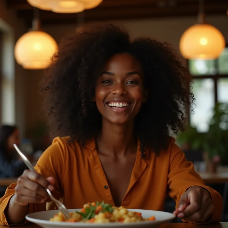 Mulher sorrindo em sala de jantar iluminada por luminárias pendentes.