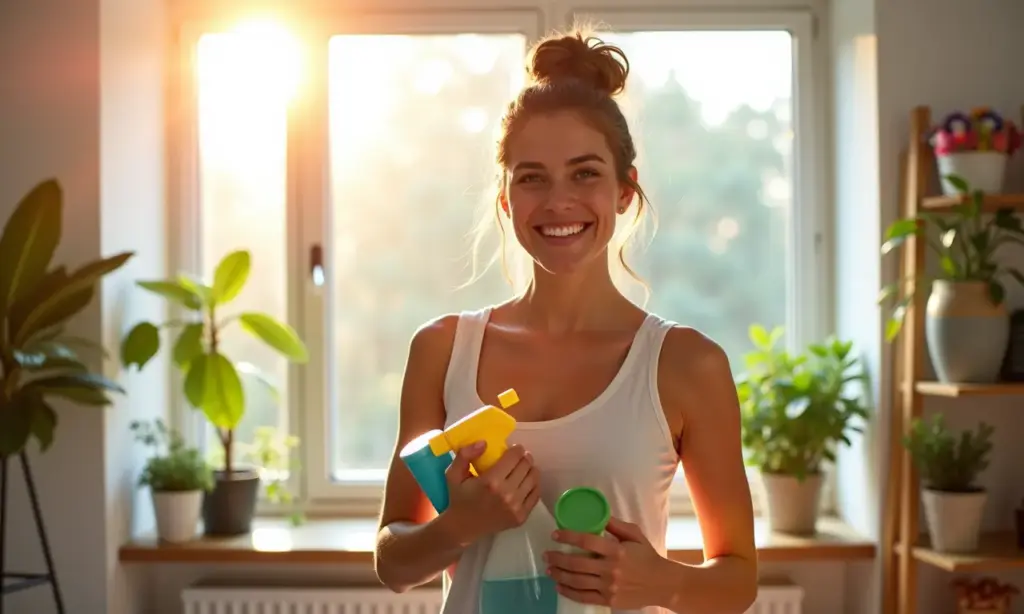 Mulher sorrindo em sala iluminada com produtos de limpeza, plantas e decoração vibrante.