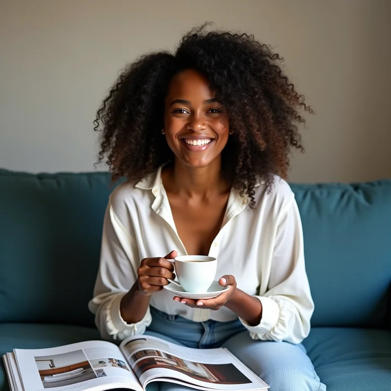 Mulher sorrindo em sofá azul