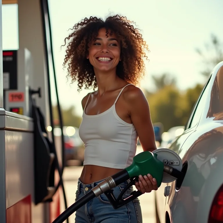 Mulher sorrindo enquanto abastece o carro