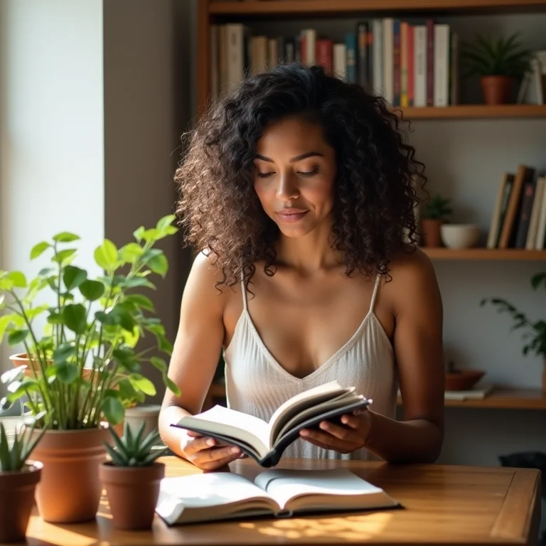 Mulher sorrindo enquanto organiza prateleiras na sala de estar.