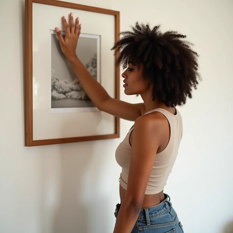 Mulher sorrindo enquanto pendura um quadro na parede.