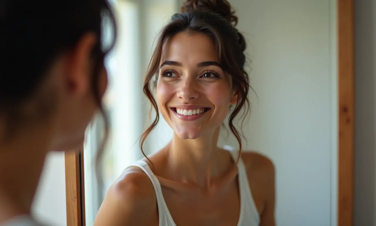 Mulher sorrindo para suas 'imperfeições' no espelho, praticando a autoaceitação.