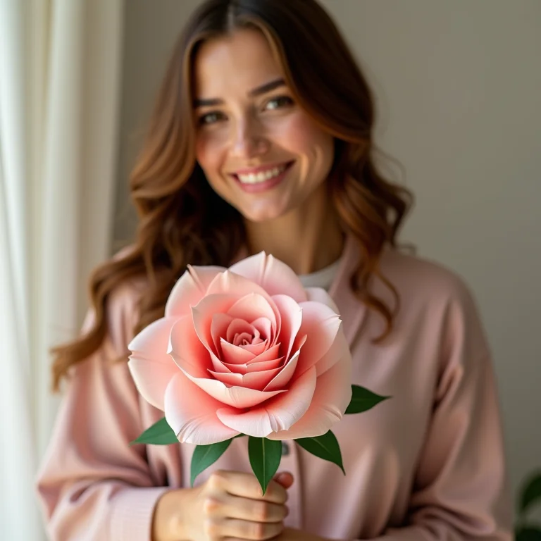 Mulher sorrindo segurando buquê de flores de papel.
