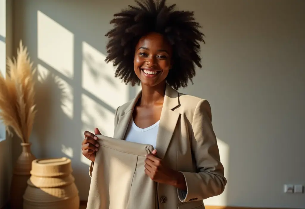 Barra da calça perfeita: truques fáceis que você precisa saber Mulher sorrindo segurando calça com barra bem feita