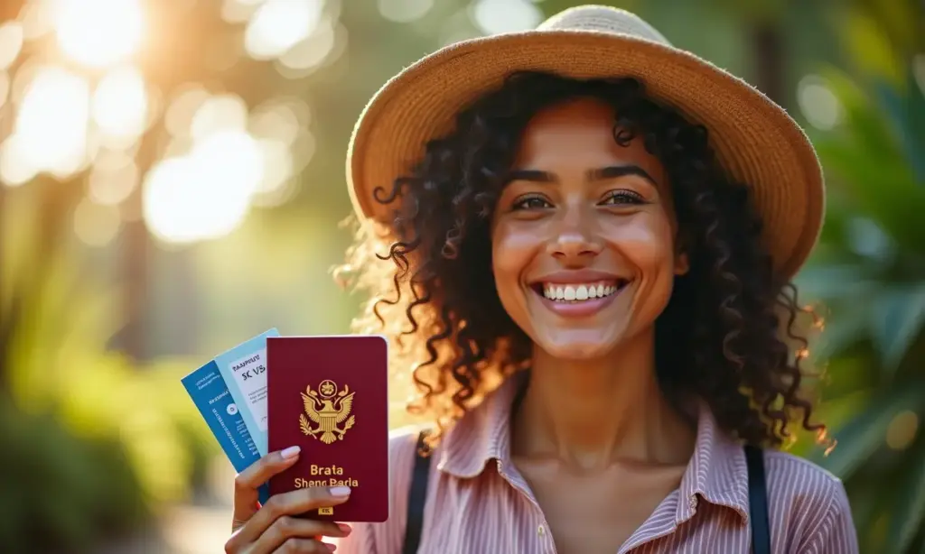 Mulher sorrindo segurando passaporte e passagem aérea.