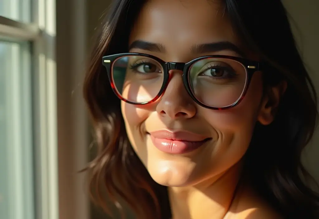 Maquiagem com óculos: 5 truques para realçar o olhar Mulher sorrindo usando óculos e maquiagem natural