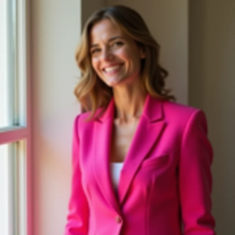 Mulher sorrindo usando um blazer rosa vibrante, transmitindo a felicidade da moda dopamina.