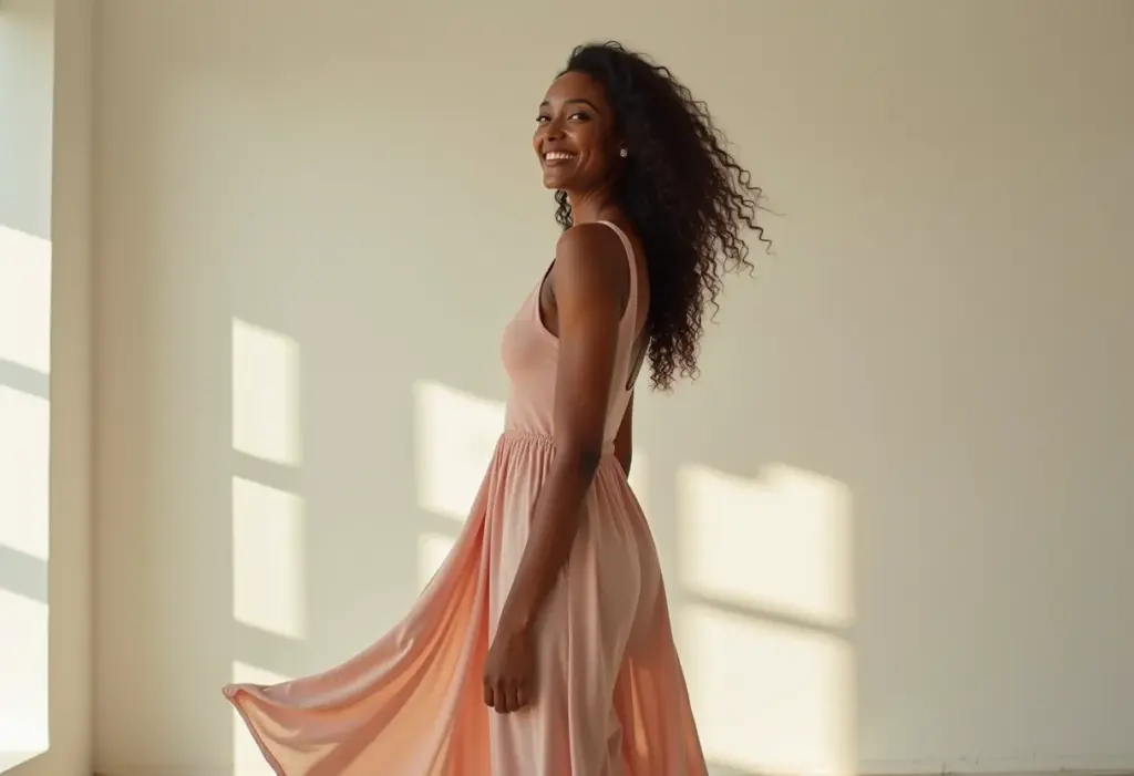 Mulher sorrindo vestindo um vestido fluido que valoriza suas curvas