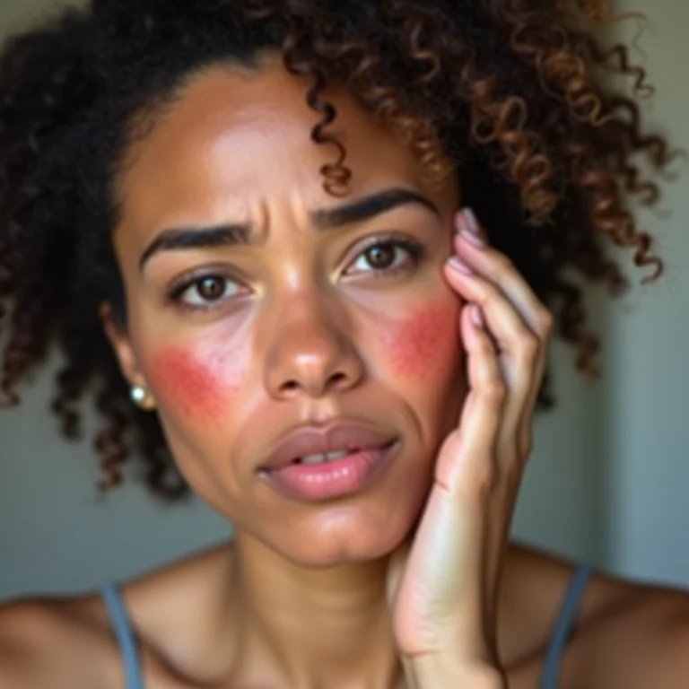 Mulher tocando o rosto com expressão de preocupação.