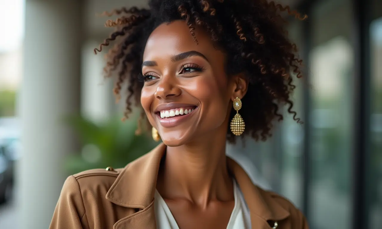 Mulher usando acessórios empoderadores, sorrindo confiante em roupa estilosa.