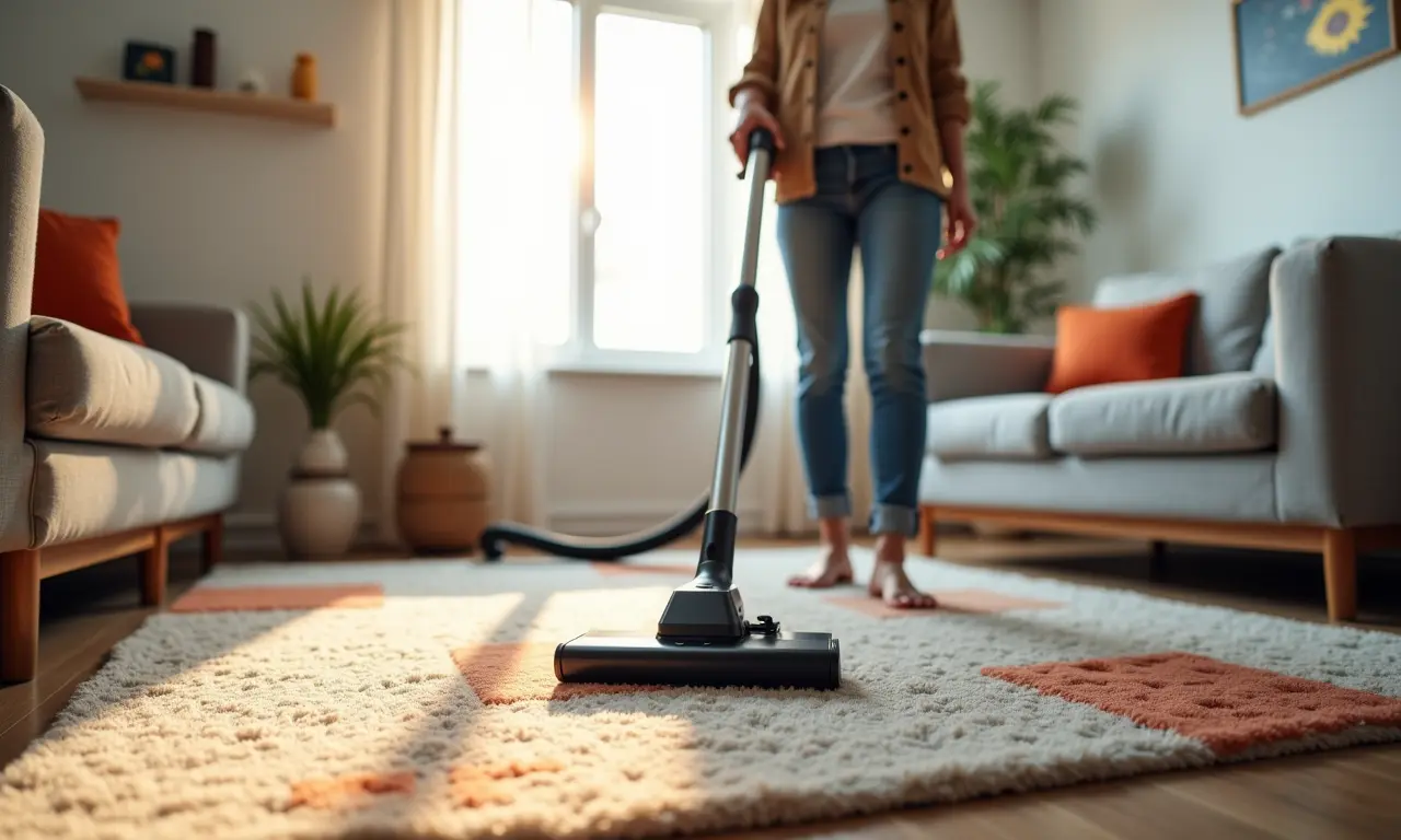 Mulher usando aspirador de pó em tapete na sala de estar.