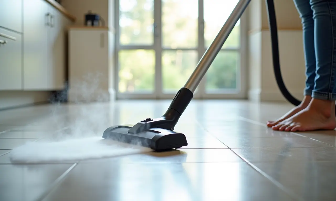 Mulher usando limpador a vapor em piso de cerâmica, vapor visível.