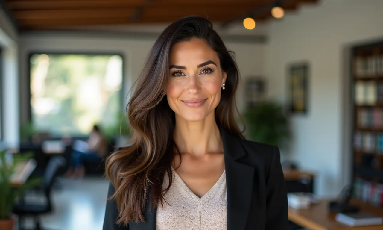 Mulher usando top faixa com blazer em um ambiente de escritório criativo.