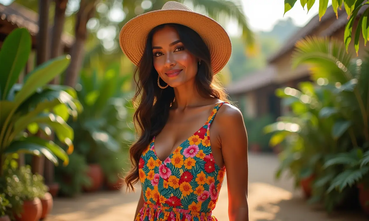 Mulher usando vestido Farm Rio colorido na festa tropical, estampas vibrantes.