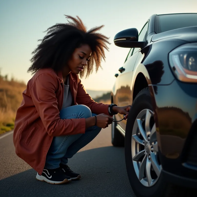 Mulher verificando a pressão dos pneus do carro