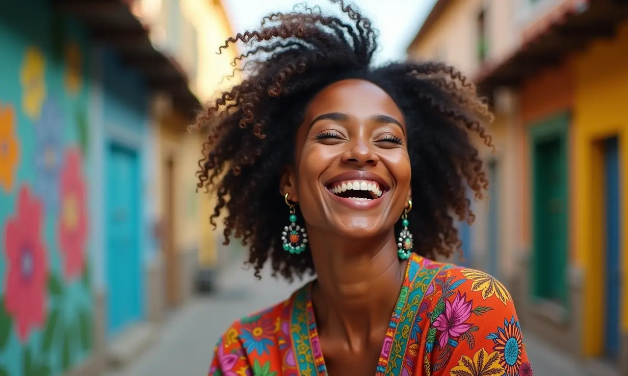 Mulher vestindo roupas coloridas e estampadas, rindo em ambiente vibrante.